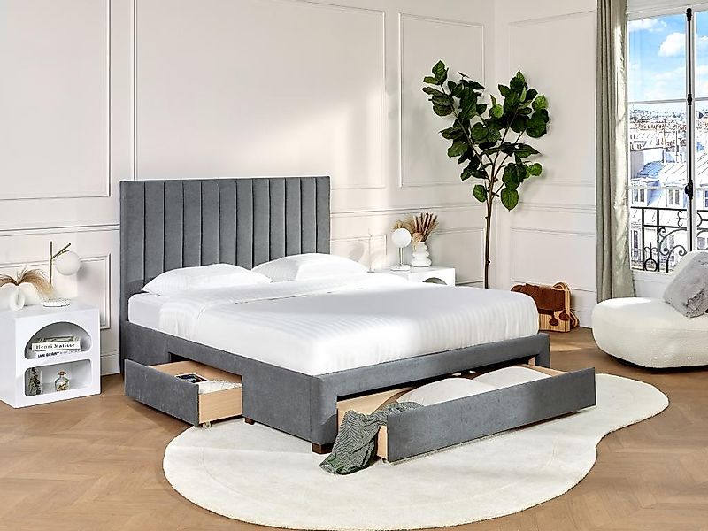 Bett mit 3 Schubladen 160 x 200 cm - Stoff - Grau + Matratze - LIAKO günstig online kaufen