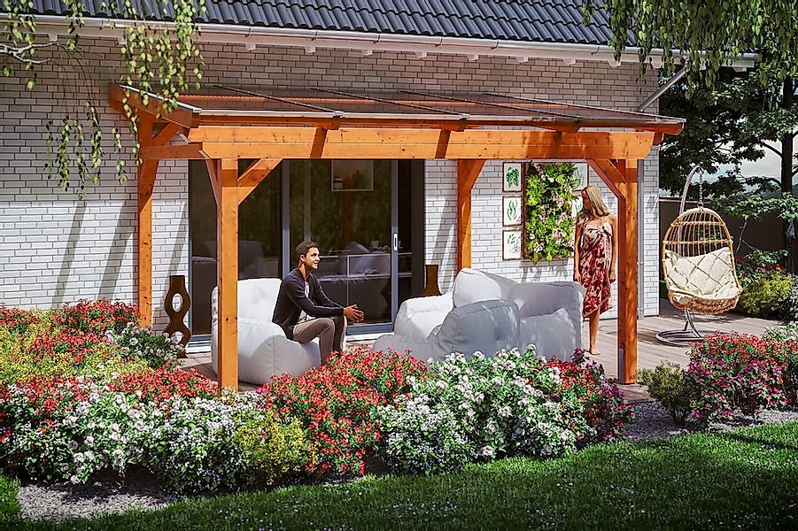 Skan Holz Terrassenüberdachung Sanremo 434 x 400 cm Leimholz Eiche hell günstig online kaufen