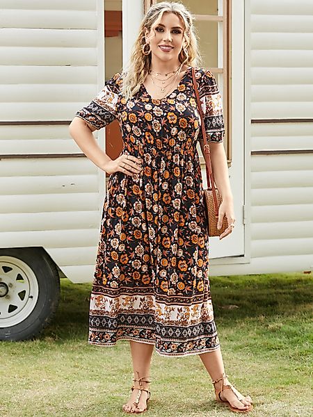 YOINS Plus Größe V-Ausschnitt Tribal Kurzarm Maxi Kleid günstig online kaufen