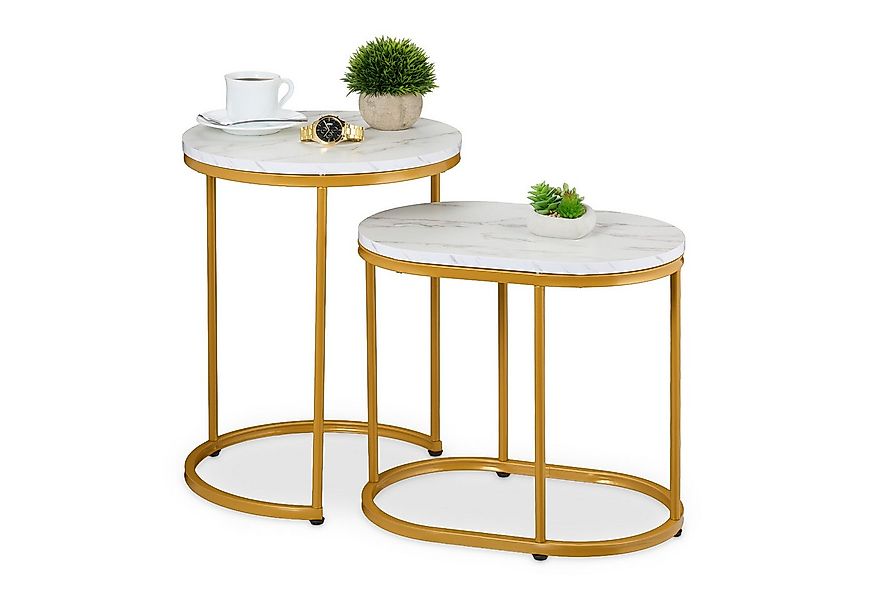 relaxdays Satztisch 2er Set Marmoroptik & Metall (2er Set), Weiß/Gold günstig online kaufen