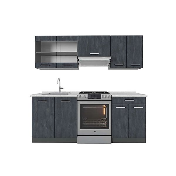 Vicco R-Line Küchenzeile Schwarz Beton/Anthrazit 200 cm AP Marmor ohne E-Ge günstig online kaufen