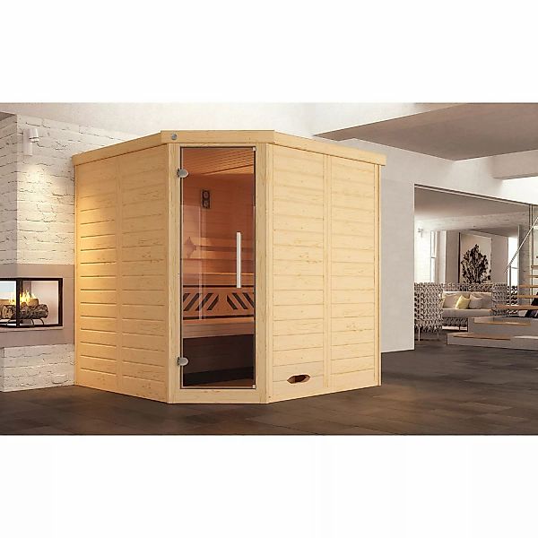 Weka Massivholzelementsauna Kemi Eck 1 Sparset 7,5 kW OS Glastür günstig online kaufen