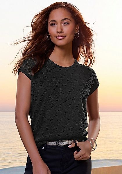 LASCANA Rundhalsshirt mit funkelnden Pailetten aus hochwertiger Ajour-Quali günstig online kaufen