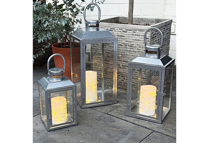 Mojawo Laterne 3er Gartenlaternen Laternen Metall Windlicht Silber H24/33/4 günstig online kaufen