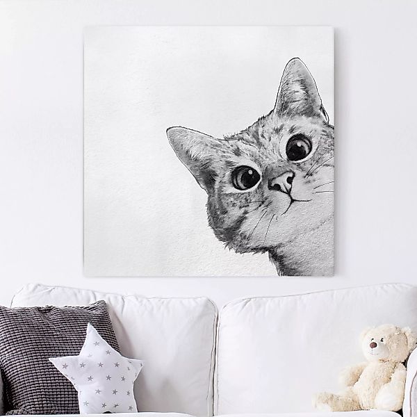 Leinwandbild Tiere - Quadrat Illustration Katze Zeichnung Schwarz Weiß günstig online kaufen