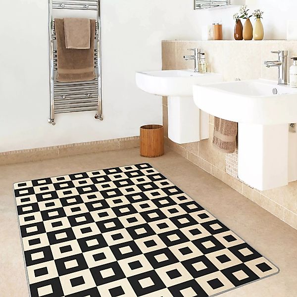 Teppich Geometrisches Muster aus Schwarz Beigen Quadraten günstig online kaufen
