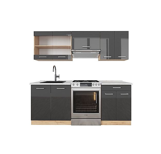 Vicco Küchenzeile R-Line, Anthrazit Hochglanz/Goldkraft Eiche, 200 cm, AP M günstig online kaufen