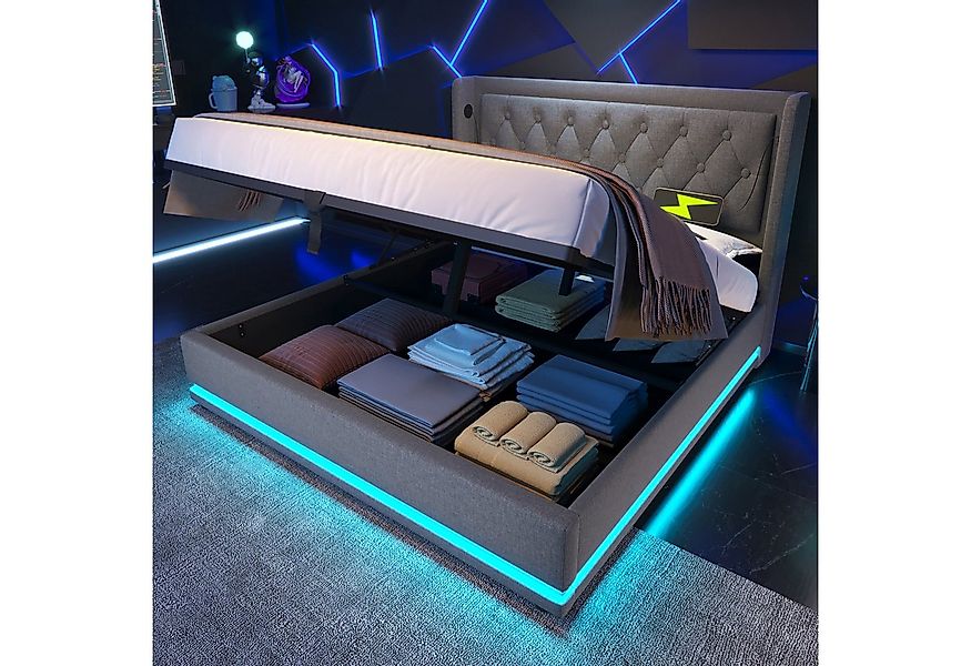 Flieks Polsterbett, LED Hydraulisches Stauraumbett Doppelbett 160x200cm mit günstig online kaufen