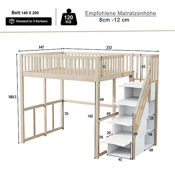 Flieks Hochbett Massivholz Kinderbett Einzelbett 140x200cm mit Stauraumtrep günstig online kaufen