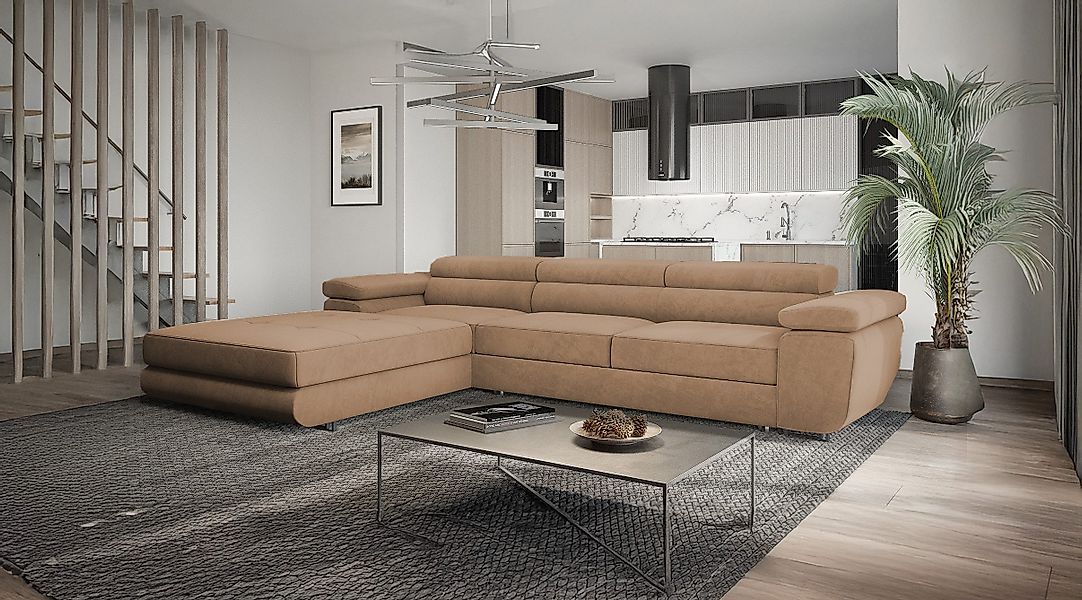 Goldstoff Ecksofa mit Schlaffunktion und Bettkasten, günstig online kaufen