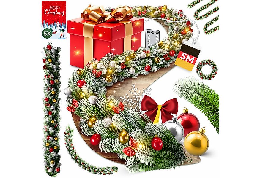 Kunstgirlande Weihnachtsgirlande LED Girlande 5m inkl. Deko-Schmuck & Fernb günstig online kaufen