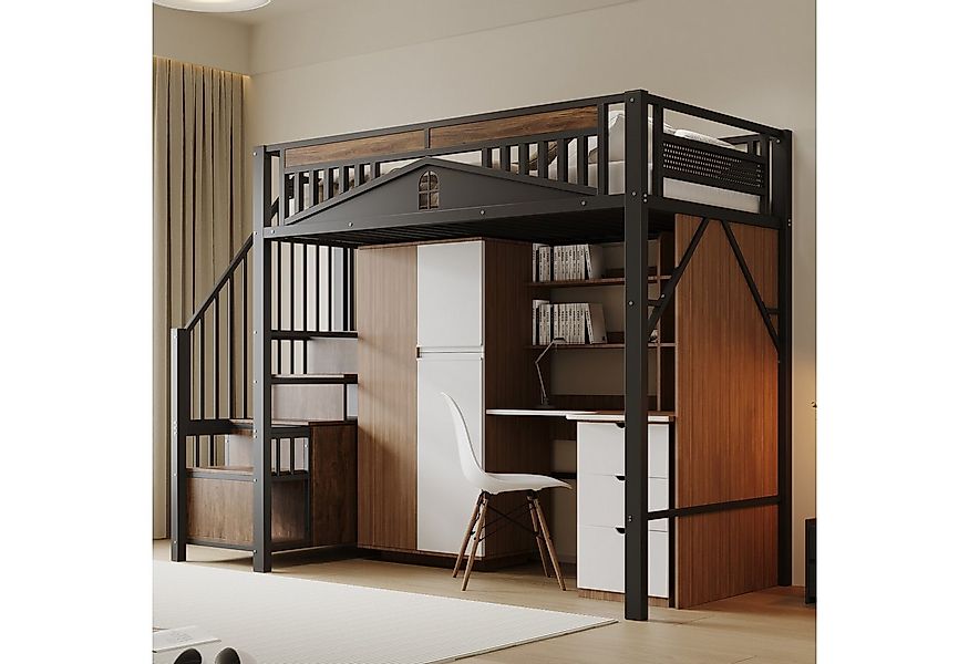 Flieks Hochbett Metallbett Kinderbett 90x200cm mit Stauraumtreppe und Siche günstig online kaufen