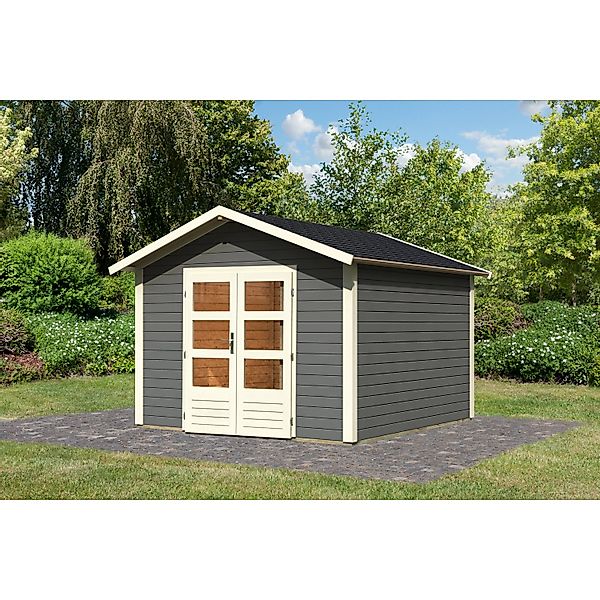 Karibu Holz-Gartenhaus Tessin 2 Terragrau 300 x 300 cm mit Boden & Dachschi günstig online kaufen