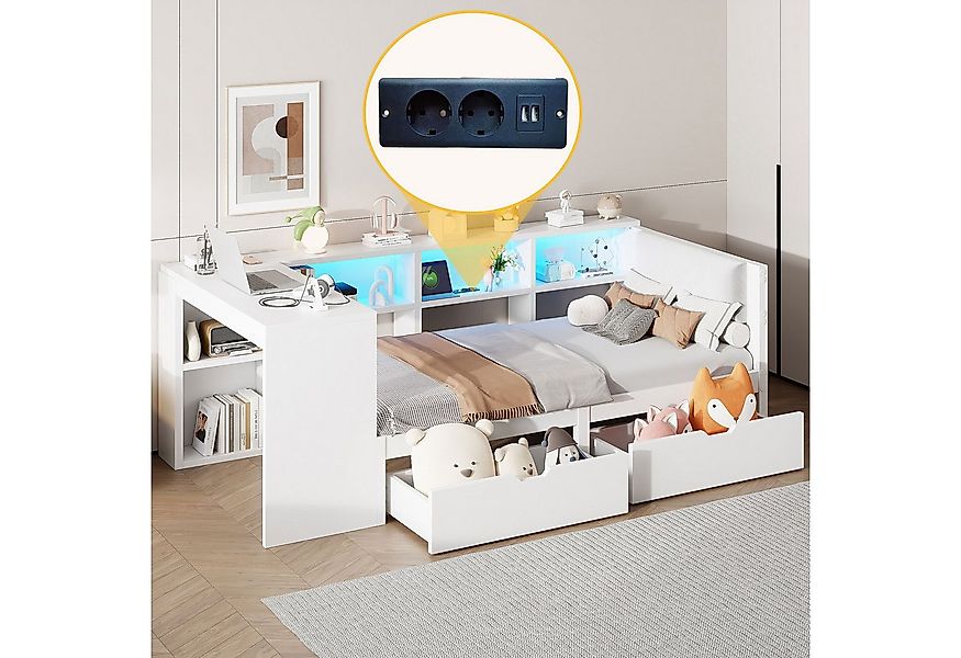 Flieks Holzbett, Kinderbett 90x200cm mit LED, Schubladen, Aufladen und Schr günstig online kaufen