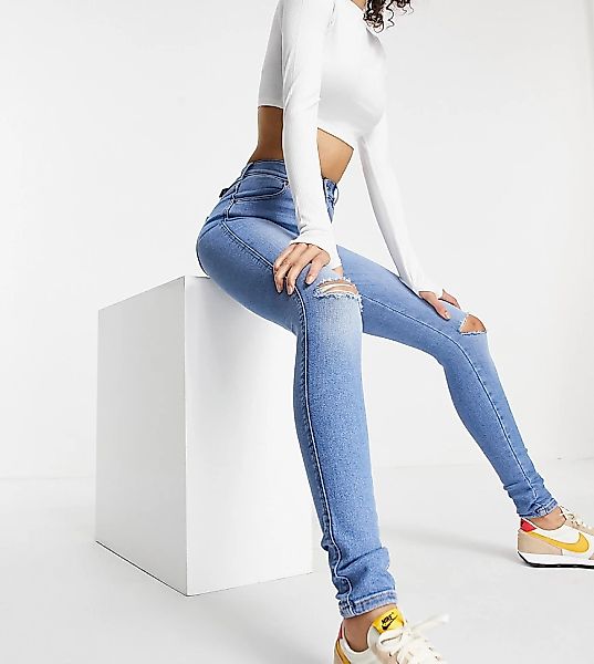 Dr Denim Tall – Lexy – Enge Jeans mit Knierissen in mittlerer Waschung-Blau günstig online kaufen