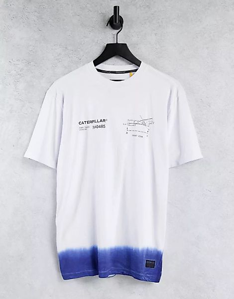 Caterpillar – T-Shirt mit Motor-Logoprint und Batikmuster in Weiß/Blau günstig online kaufen