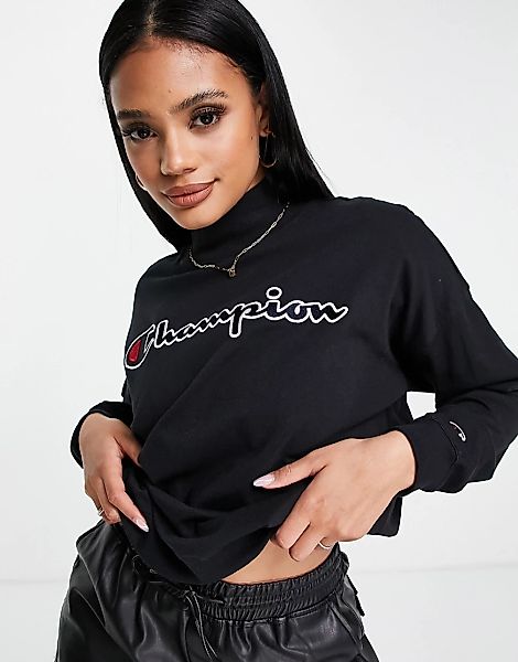 Champion – Hochgeschlossenes Sweatshirt in Schwarz mit großem Logo günstig online kaufen
