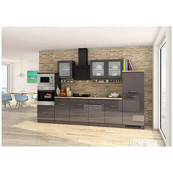 Küchenzeile 330 cm grau MARANELLO-03 inkl. E-Geräte, Anthrazit Hochglanz, D günstig online kaufen