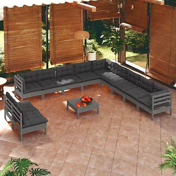 12-tlg. Garten-lounge-set Mit Kissen Grau Massivholz Kiefer günstig online kaufen