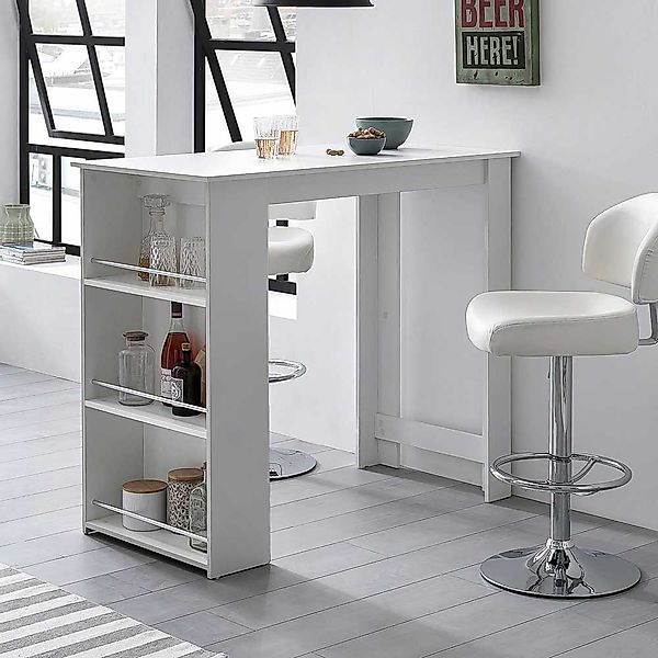 Küchen Bartisch weiß modern 120 cm breit mit Seitenregal günstig online kaufen