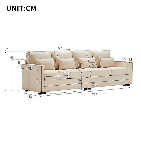 FUROKOY Sofa Modernes 4-Sitzer-Sofa aus Leinenstoff mit Armlehnentaschen&4 günstig online kaufen