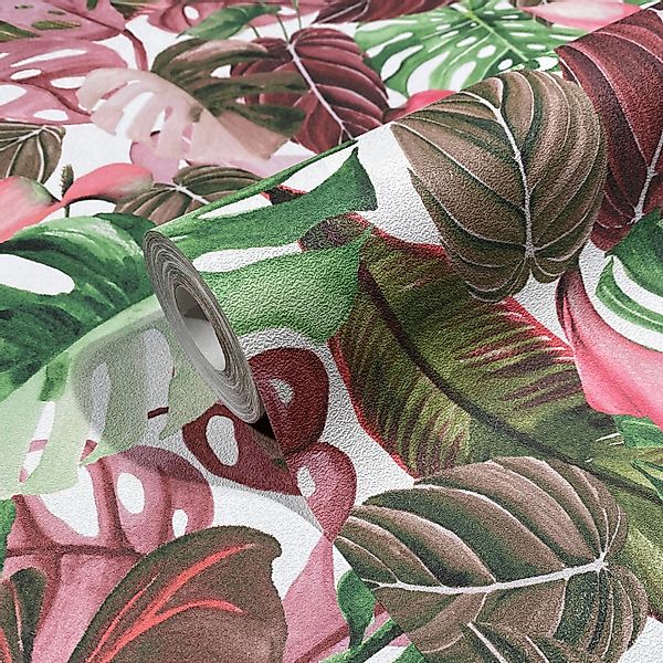 Marburg Vliestapete Blattoptik Floral Modern 10,05 m x 0,53 m Grün-Rot günstig online kaufen