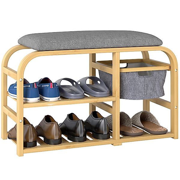 HOMCOM Schuhbank Bambus Polyester 70L x 30B x 45H cm Natur+Grau günstig online kaufen