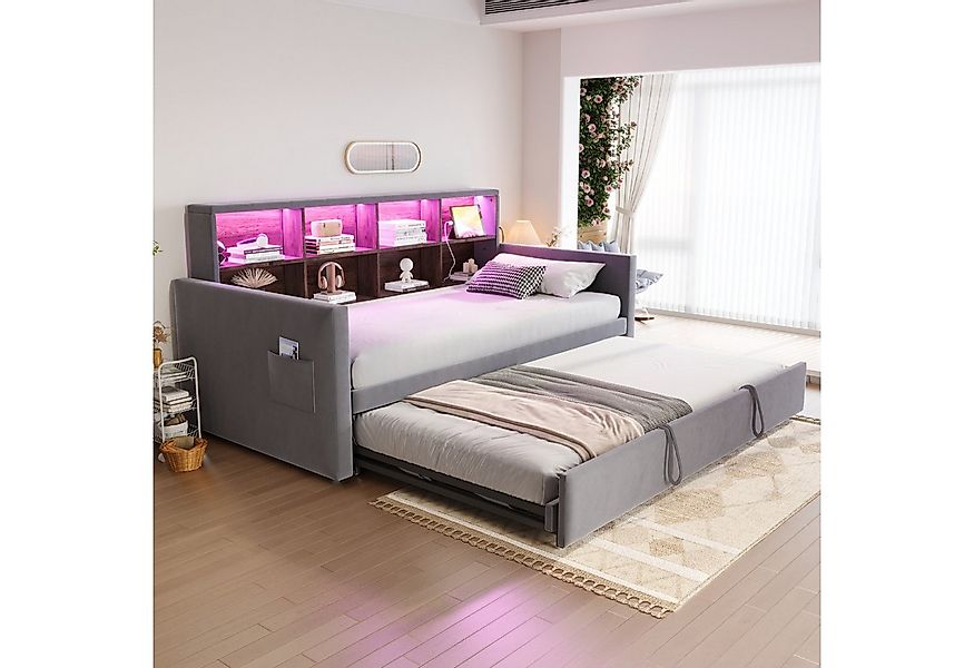 Flieks Daybett, LED Polsterbett 90/180x190cm mit Ausziehbett, Staufächern u günstig online kaufen