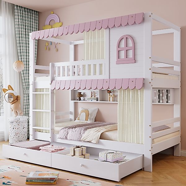 Flieks Etagenbett, Kinderbett 90x200cm mit Vorhänge, günstig online kaufen