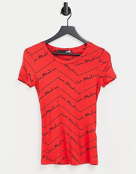 Love Moschino – T-Shirt mit All-over-Logoprint in Rot günstig online kaufen