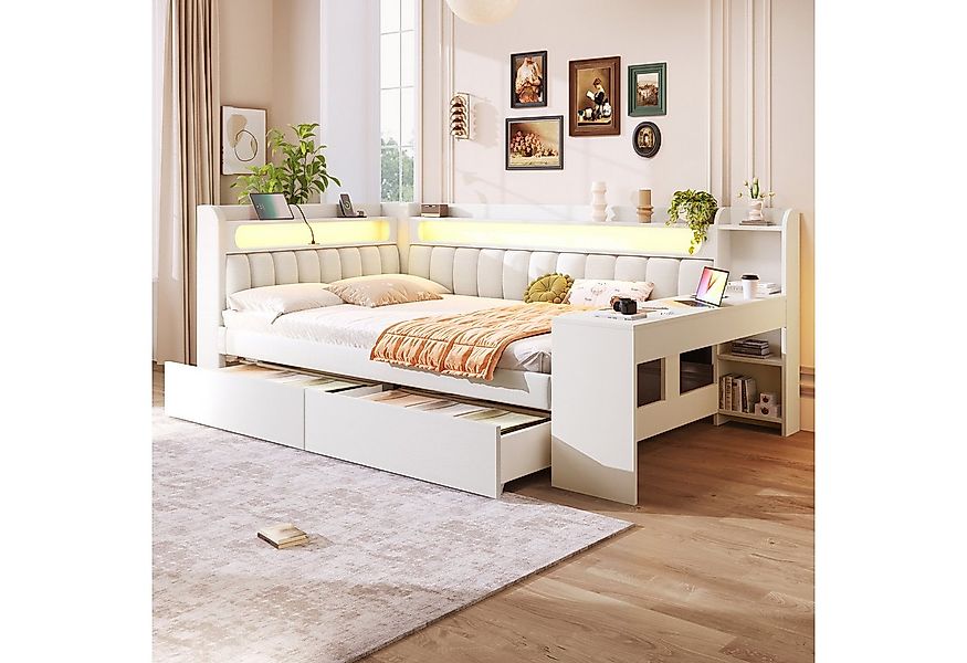Flieks Daybett, Polsterbett 140x200cm mit 2 Schubladen, USB, LED und Schrei günstig online kaufen