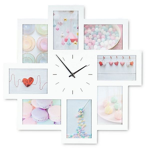 Levandeo® Bilderrahmen Collage, Wanduhr Weiß 52x52cm Holz Bilderrahmen 8 Fo günstig online kaufen
