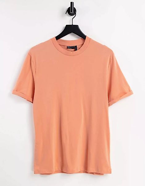 ASOS DESIGN – T-Shirt aus Bio-Material in Orange mit Rollärmeln günstig online kaufen