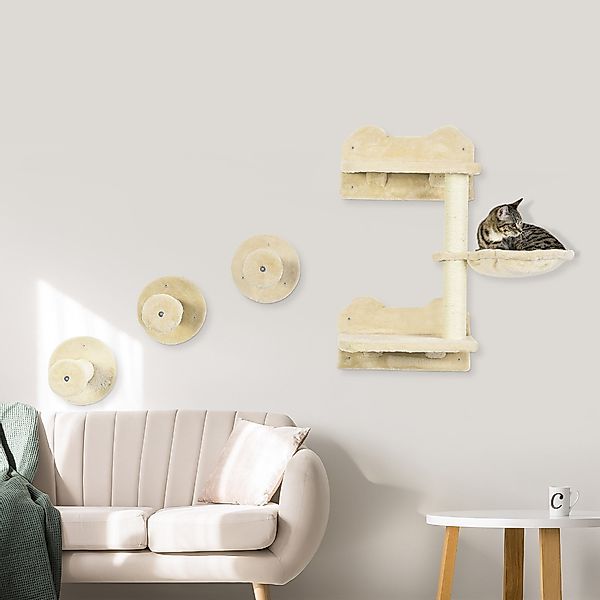 PawHut Katzen-Kletterwand 4-teilig, Katzentreppe, mit Hängematte, Sisal, Be günstig online kaufen