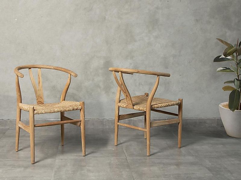 Stuhl 2er-Set - Teakholz & Strohgeflecht - Naturfarben - POGIANA günstig online kaufen
