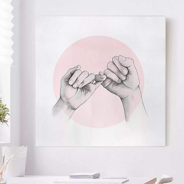 Leinwandbild - Quadrat Illustration Hände Freundschaft Kreis Rosa Weiß günstig online kaufen