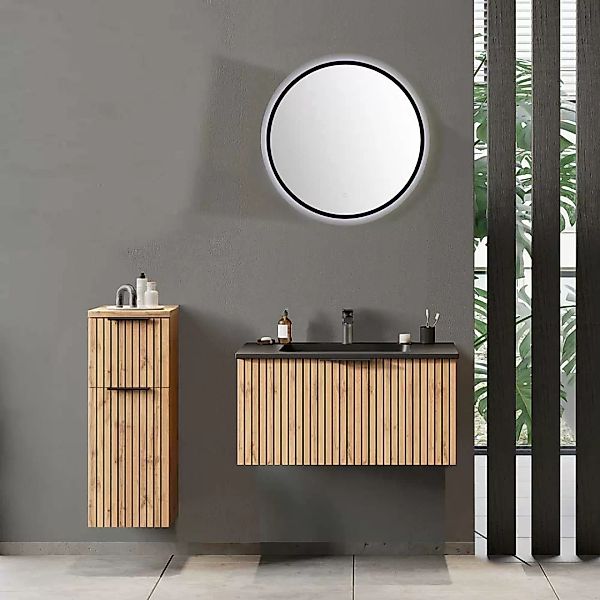 Modernes Badezimmermöbel Set in Wildeichefarben Schwarz (dreiteilig) günstig online kaufen