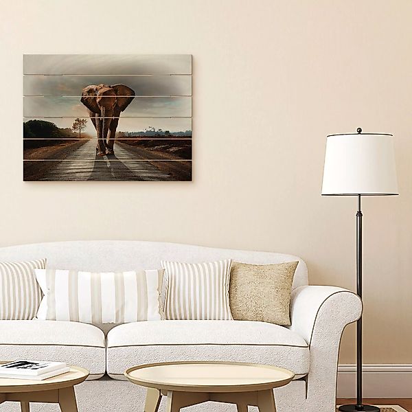 Artland Holzbild "Ein Elefant läuft auf der Straße", Elefanten Bilder, (1 S günstig online kaufen