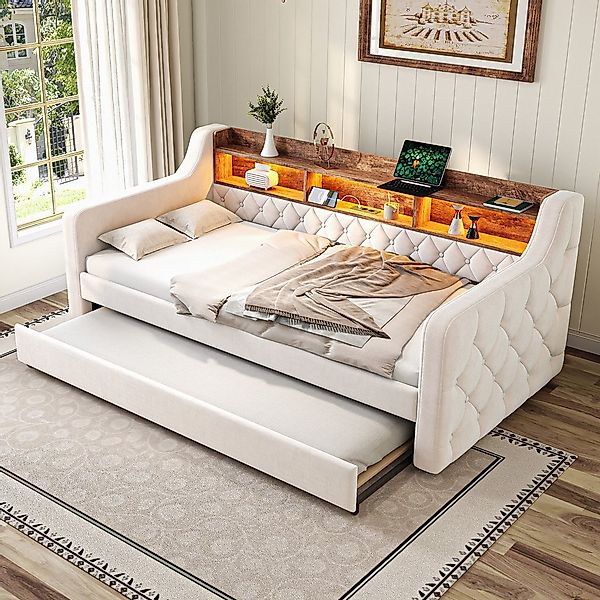 MODFU Schlafsofa Samt-Polsterbett mit integriertem Ausziehbett, mit LED-Bel günstig online kaufen