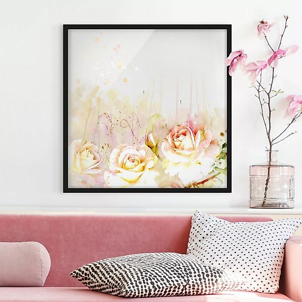Bild mit Rahmen Blumen - Quadrat Aquarell Blumen Rosen günstig online kaufen