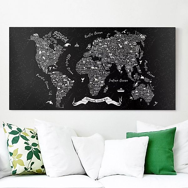 Leinwandbild Weltkarte - Querformat Typografie Weltkarte schwarz günstig online kaufen