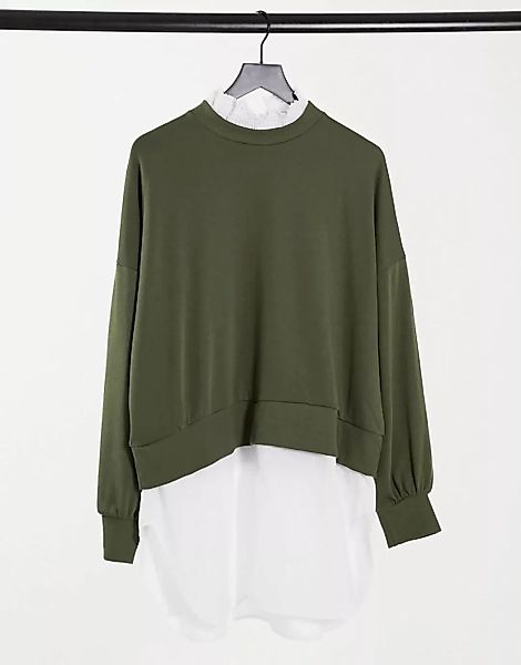 Noisy May – Sweatshirt mit Hemddetails in Khaki-Grün günstig online kaufen