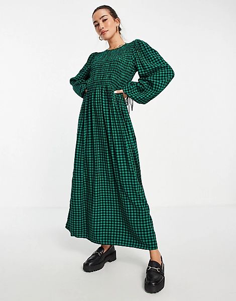 River Island – Langärmliges Kleid in Grün mit gerafftem Kragen günstig online kaufen