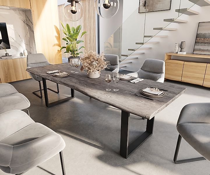 Esstisch Edge 260x100 Akazie Platin Metall Schmal schwarz Live-Edge günstig online kaufen