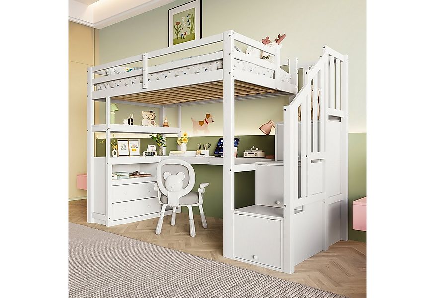 Flieks Hochbett Kinderbett Etagenbett 90x200cm mit Schreibtisch und Staurau günstig online kaufen