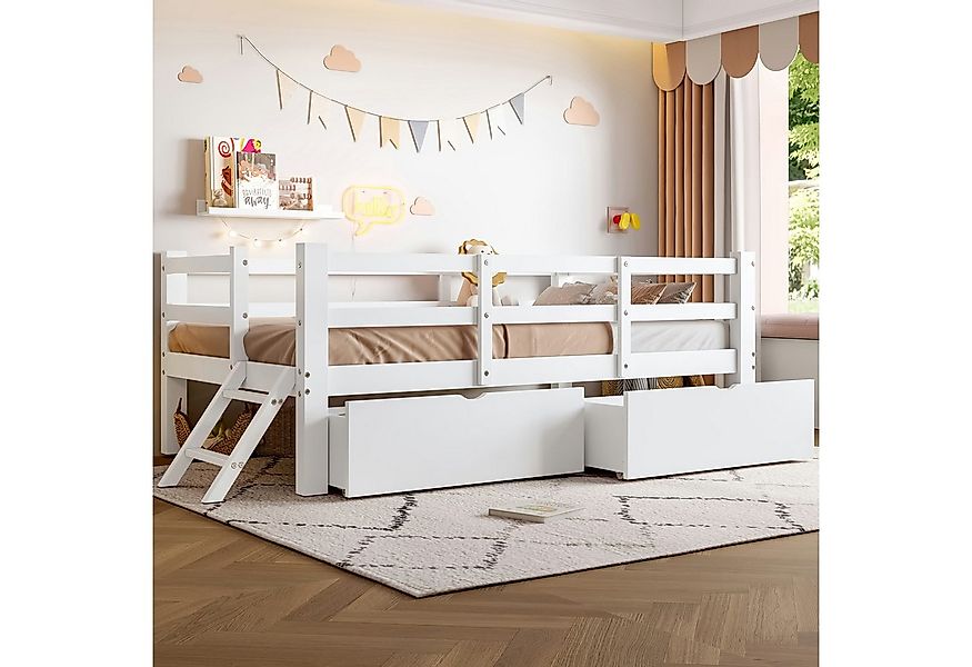 Flieks Kinderbett, Halbhochbett Einzelbett 90x200cm mit 2 Schubladen und Le günstig online kaufen