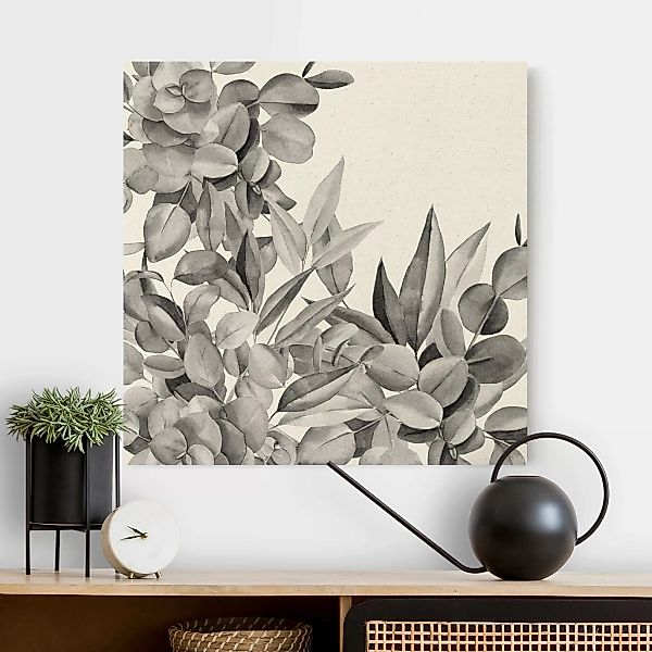 Leinwandbild auf Naturcanvas Dickicht Eukalyptusblätter Aquarell Schwarz günstig online kaufen