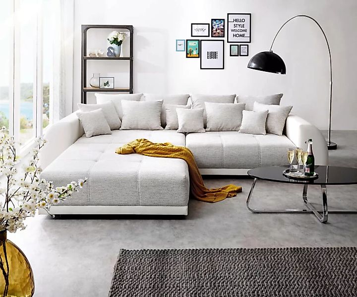 Big-Sofa Violetta 310x135 cm Hellgrau Creme mit Hocker günstig online kaufen