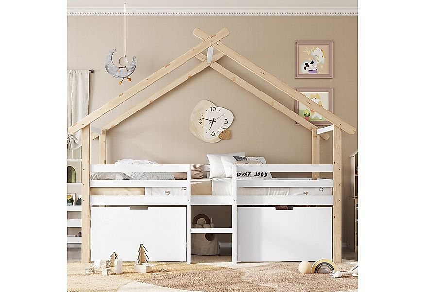 Merax Hochbett (1-St) Kinderbett 90x200cm mit Treppe, Schließfächern & Dach günstig online kaufen