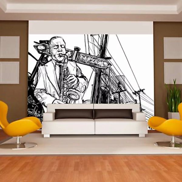 artgeist Fototapete Saxophone recital on Broadway schwarz/weiß Gr. 400 x 30 günstig online kaufen